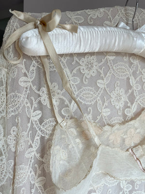 1930s Cream Mesh Floral Appliqué Bra Bralette Ribbon Tie