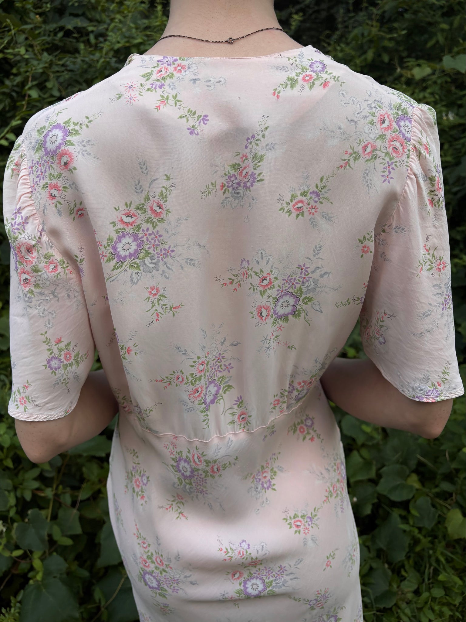 1940s Pink Rose Print Floral Bias Cut Slip Rayon Dress Short Sleeve Button