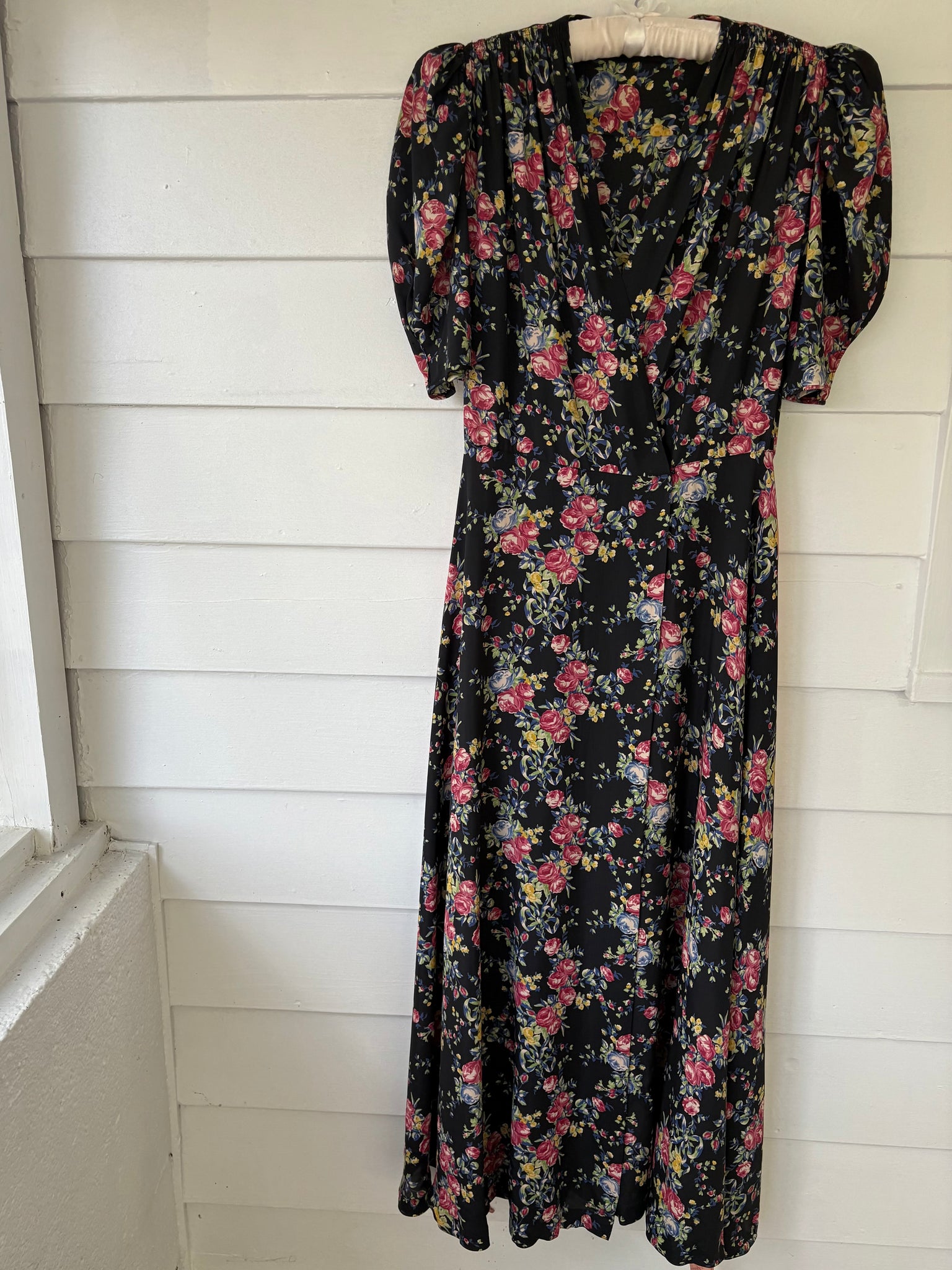 1940s Black Rose Floral Wrap Dress Printed Rayon Puff Sleeve