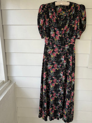 1940s Black Rose Floral Wrap Dress Printed Rayon Puff Sleeve