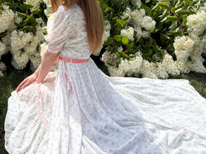1930s White Cotton Floral Bias Cut Slip Dress Peignoir Set Puff Sleeves Pink Ribbon Rose Floral
