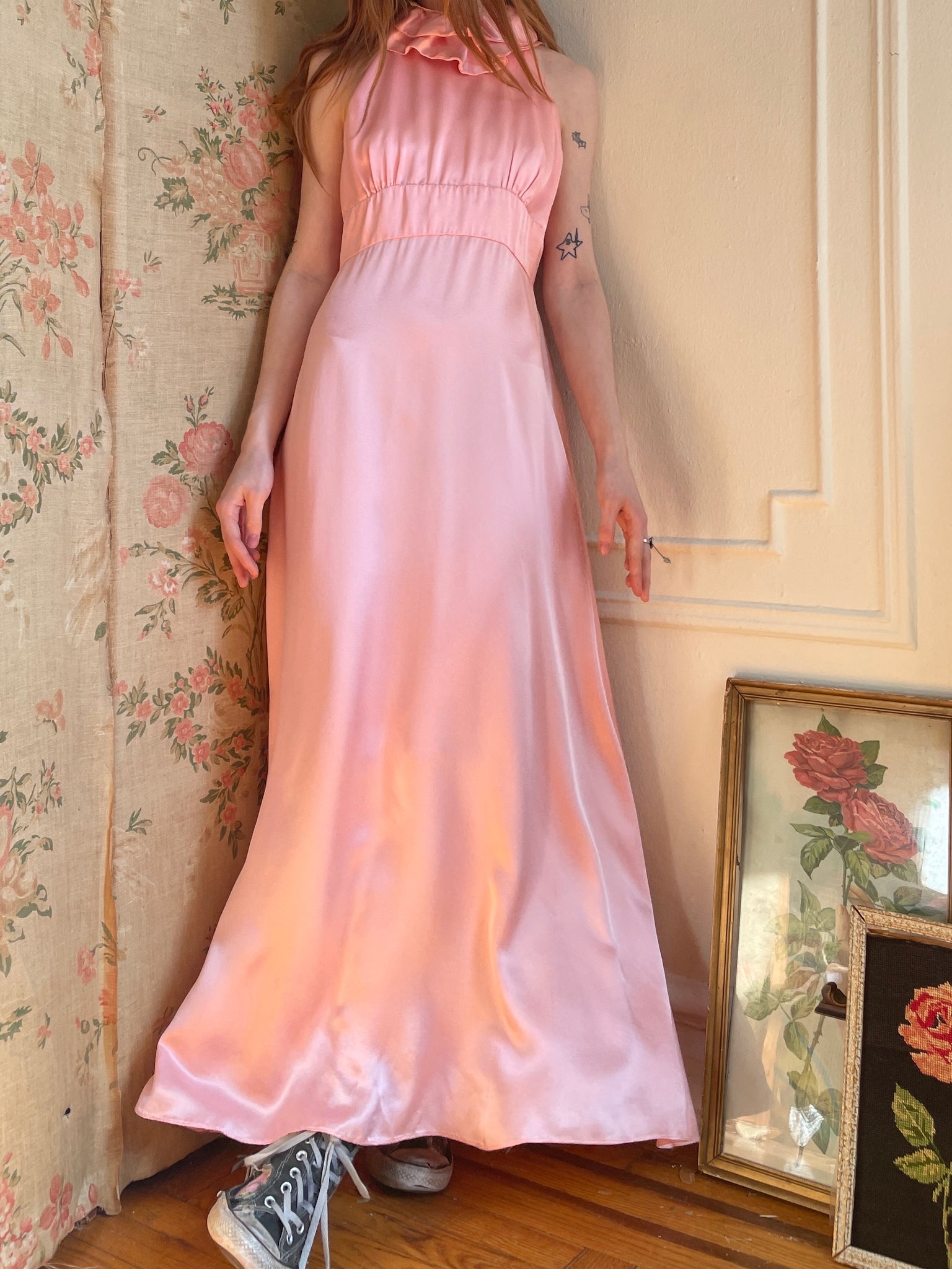 1970s Pink Satin and Lace Halter Maxi Dress