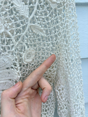 1900s Edwardian Irish Crochet 3d Butterfly White Cotton Floral Design Blouse
