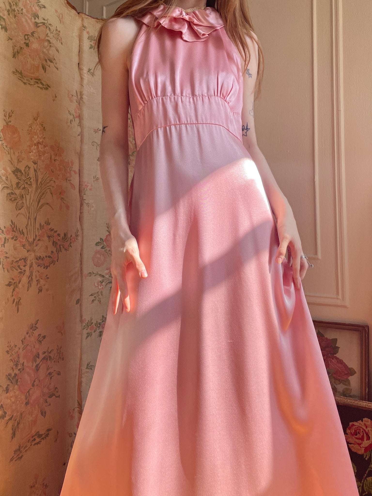 1970s Pink Satin and Lace Halter Maxi Dress Breath Of the Earth 1970s Pink Satin and Lace Halter Maxi Dress Breath Of the Earth