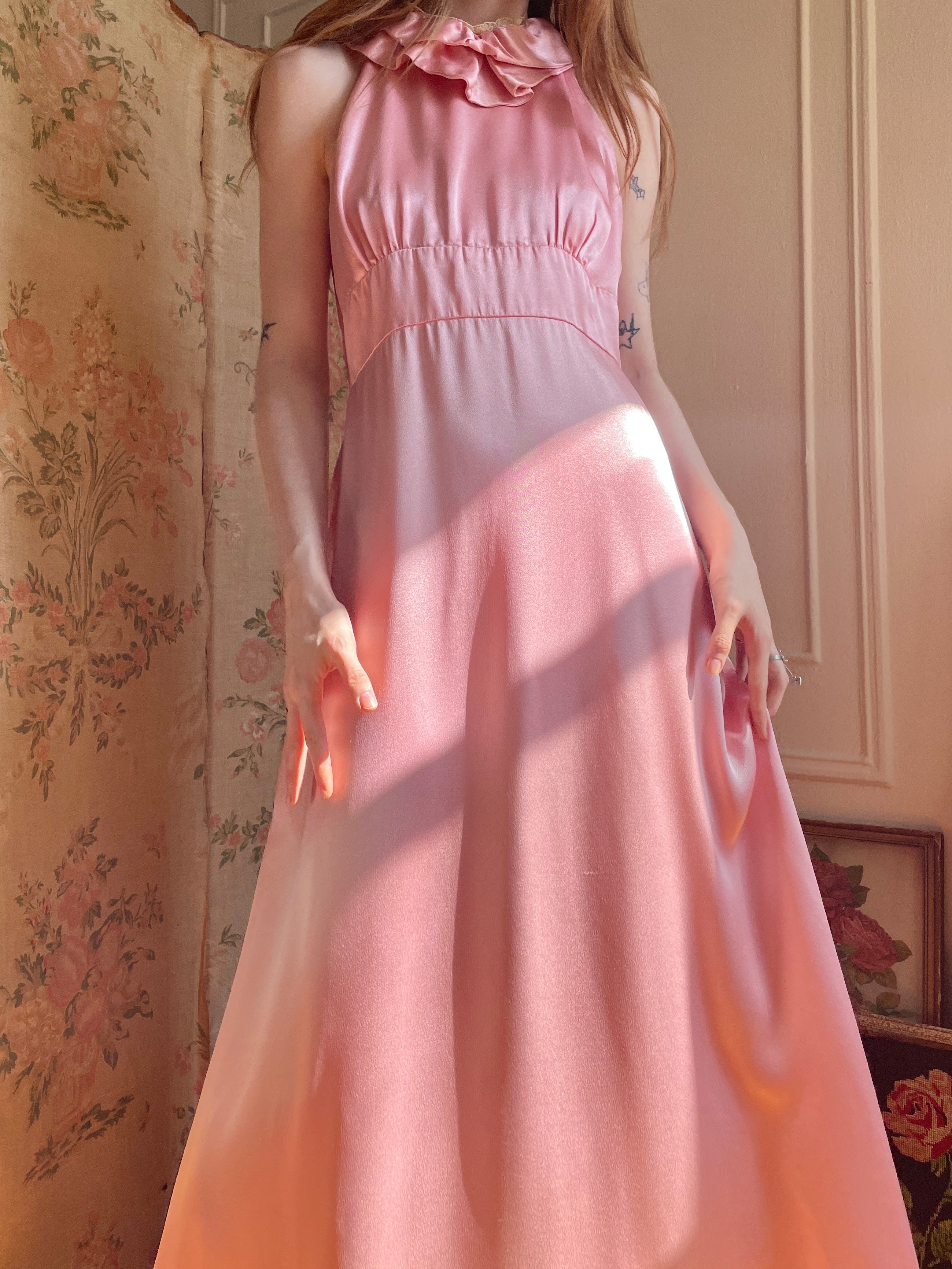 70's maxi dress pink cowl neck witchcore 1970s Pink Satin and Lace Halter Maxi Dress – Breath Of the Earth