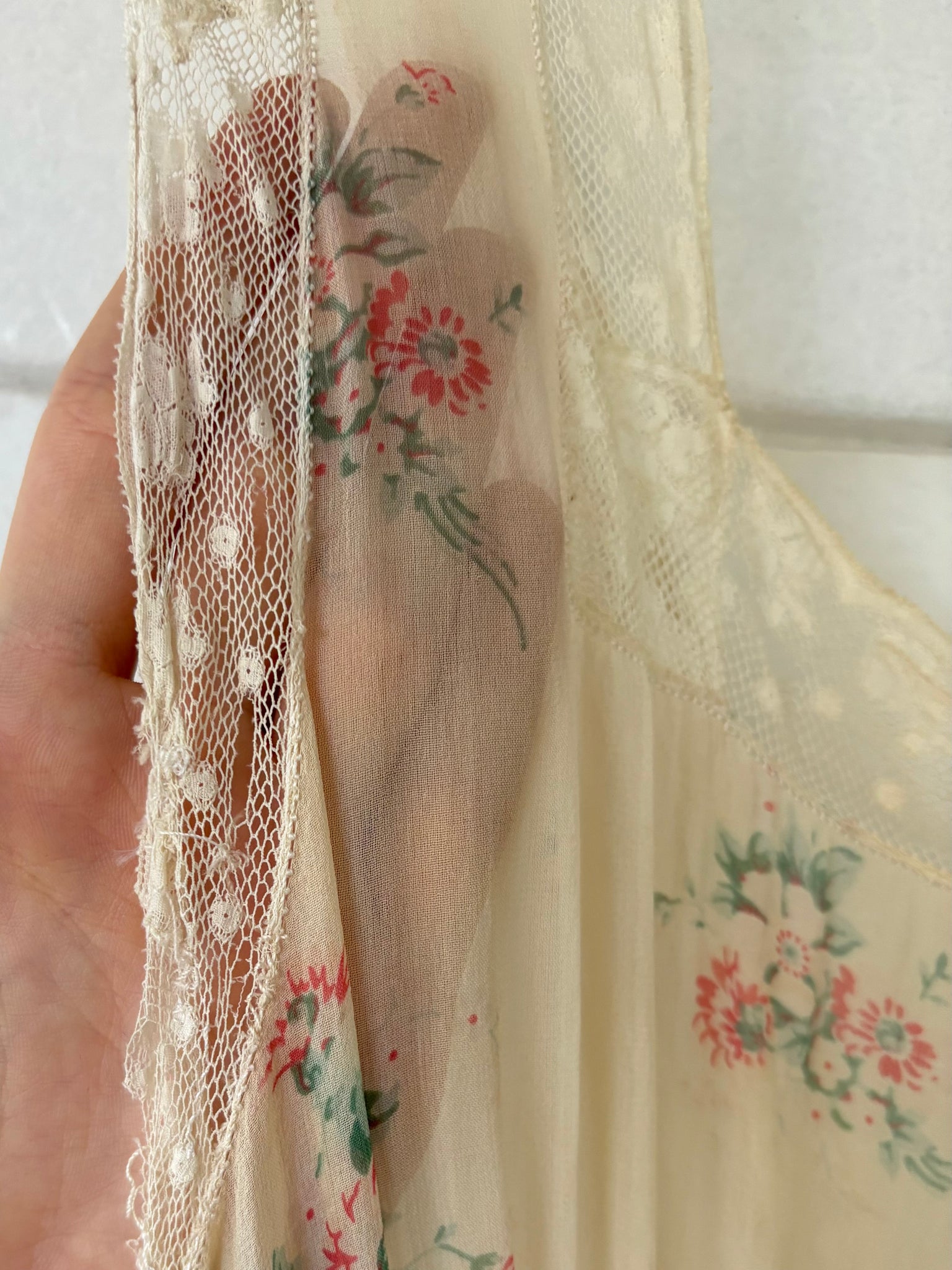 1930s Silk Chiffon Floral Print Cream Lace Bias Cut Slip Dress