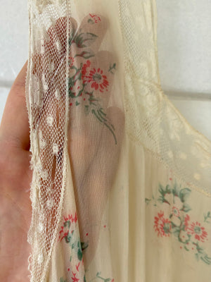 1930s Silk Chiffon Floral Print Cream Lace Bias Cut Slip Dress
