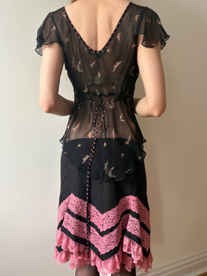 1990s Betsey Johnson Silk Black Mini Skirt Lace Ruffle