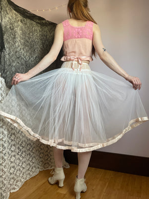 1950s White Mesh Net Crinoline Skirt Pink Ribbon Trim