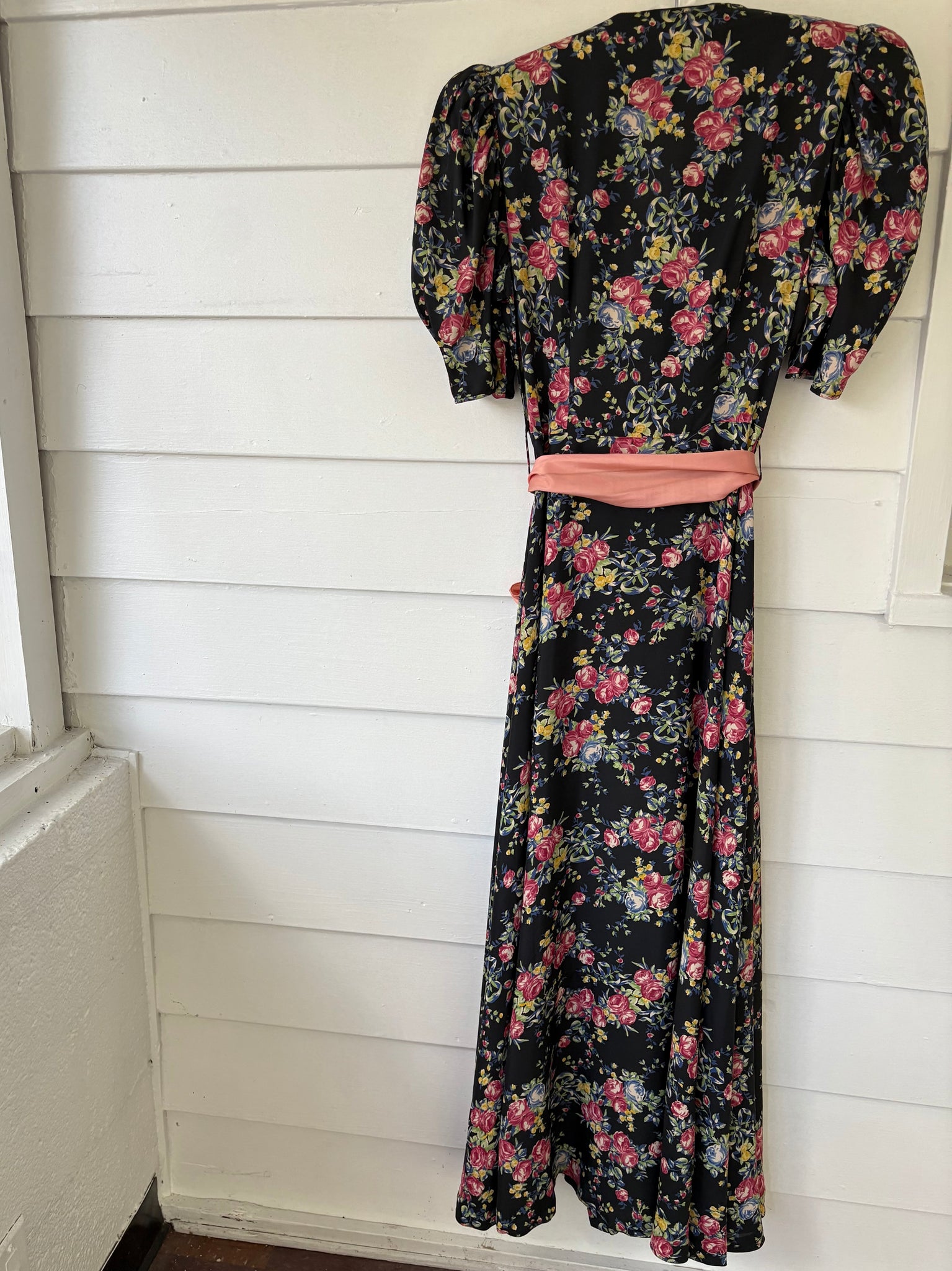 1940s Black Rose Floral Wrap Dress Printed Rayon Puff Sleeve