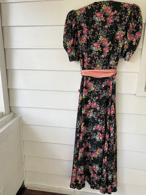1940s Black Rose Floral Wrap Dress Printed Rayon Puff Sleeve