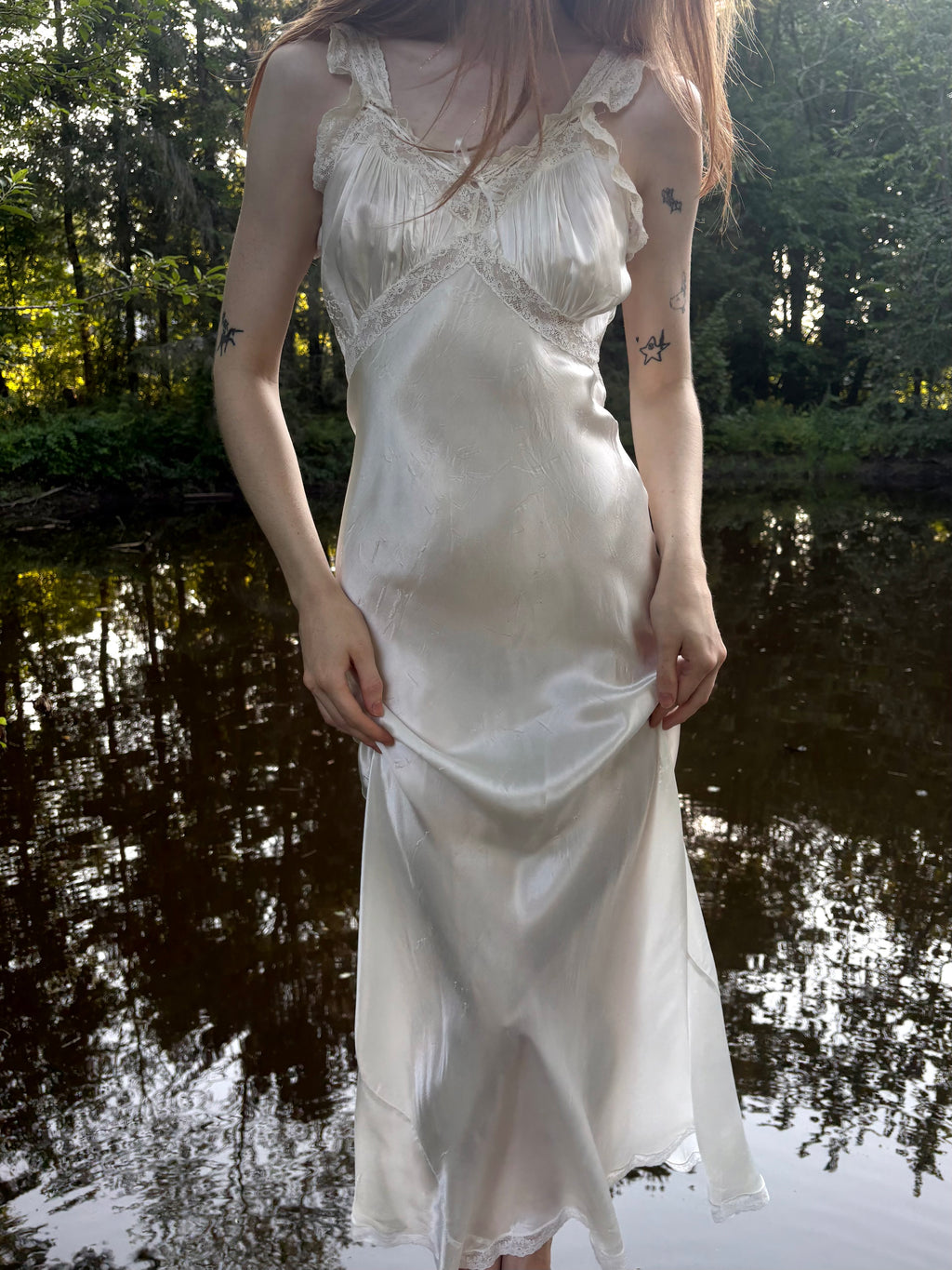 1940s Rayon Satin White Bias Cut Slip Dress Lace Wedding Gown