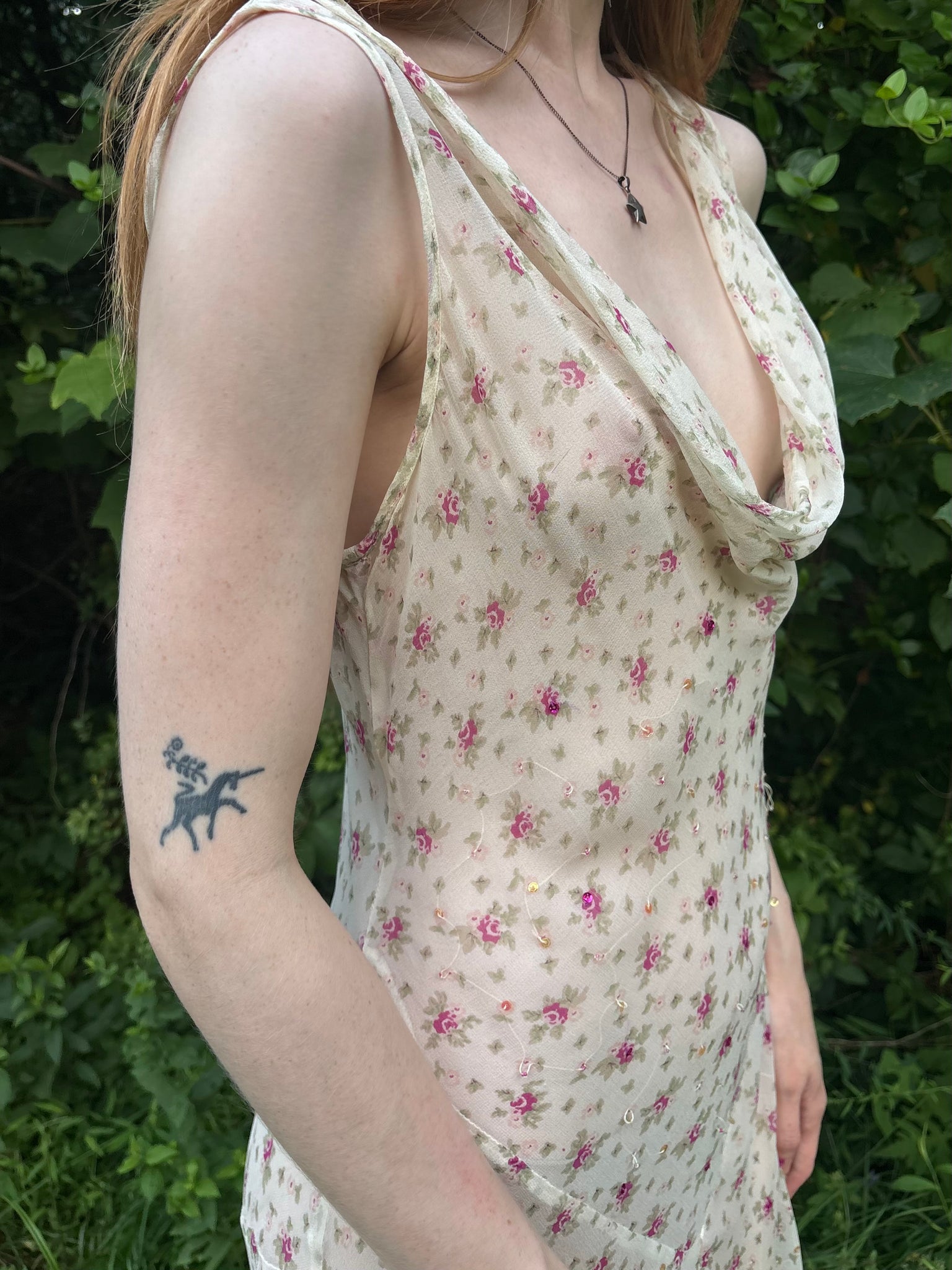 1990s Silk Chiffon Floral Cream Cowl Neck Bias Cut Slip Dress