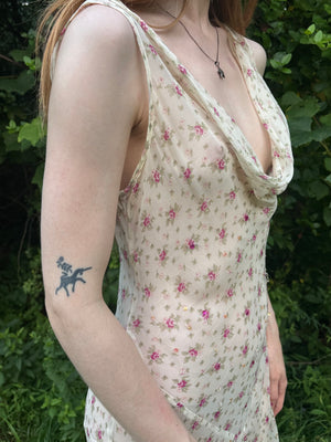 1990s Silk Chiffon Floral Cream Cowl Neck Bias Cut Slip Dress