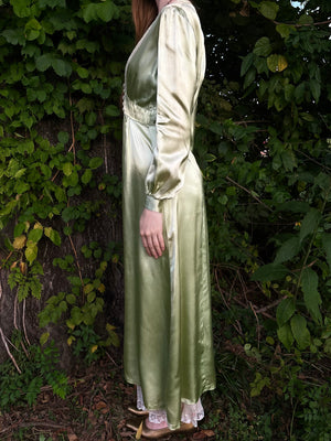 1940s Green Rayon Satin Lace Robe Peignoir