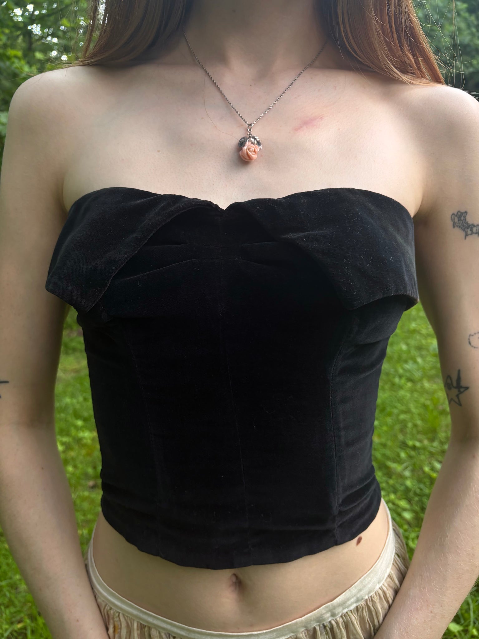 1950s Black Velvet Boned Bodice Bustier Zip Up Back Strapless
