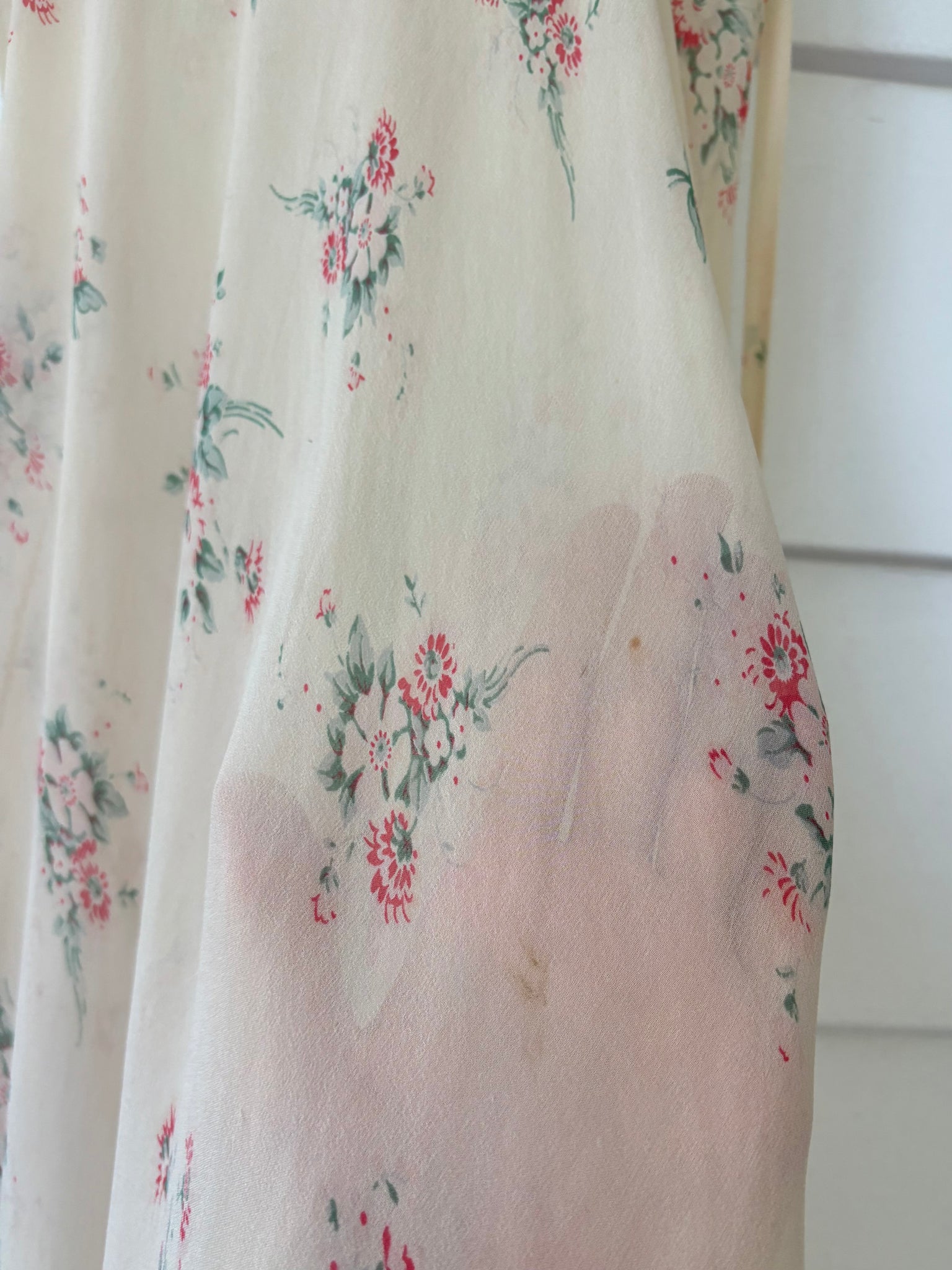 1930s Silk Chiffon Floral Print Cream Lace Bias Cut Slip Dress
