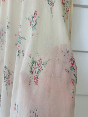 1930s Silk Chiffon Floral Print Cream Lace Bias Cut Slip Dress