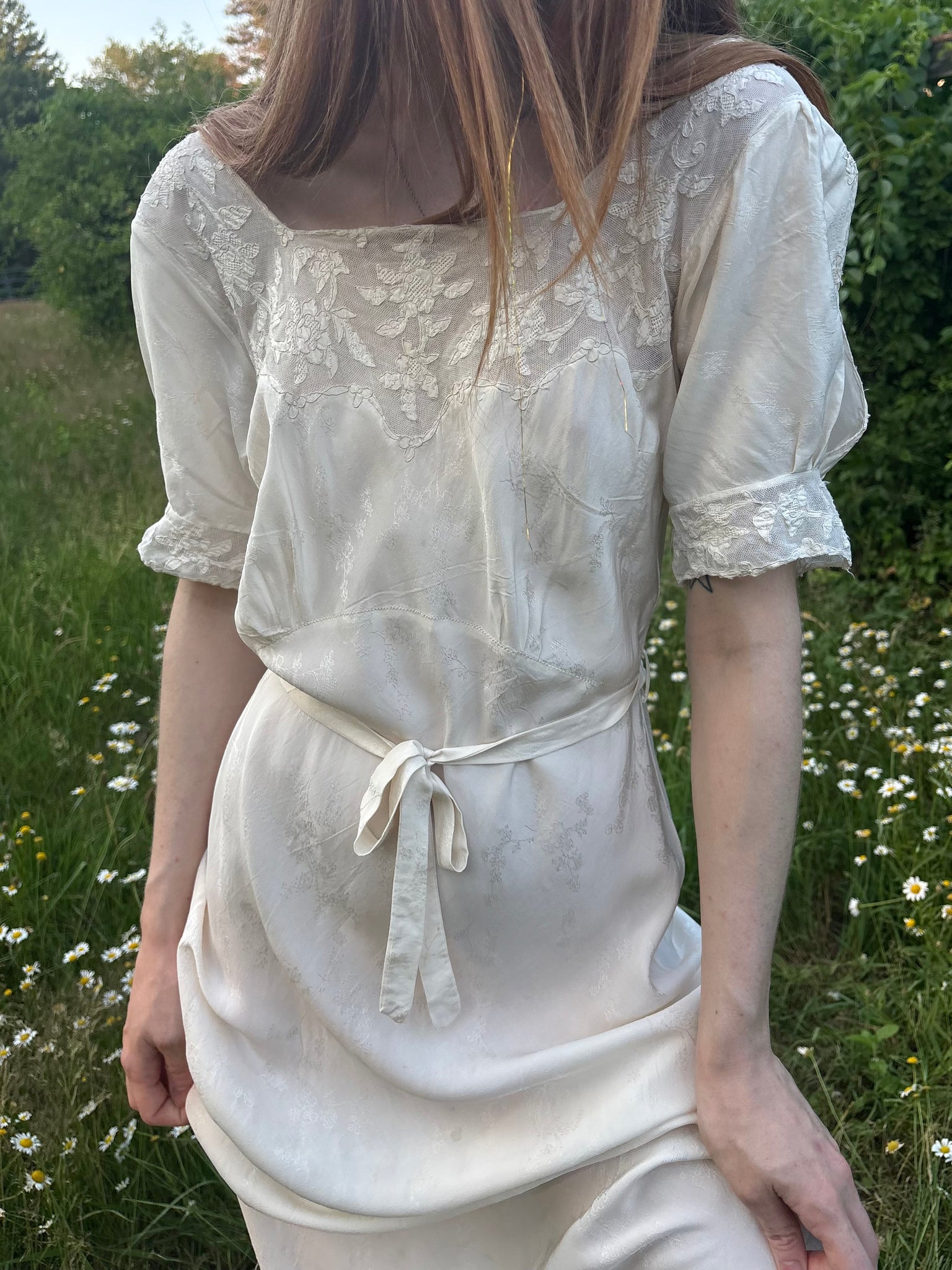 1940s Silk Brocade White Bias Cut Slip Dress Net Mesh Appliqué Lace Wedding Gown Open Sleeves