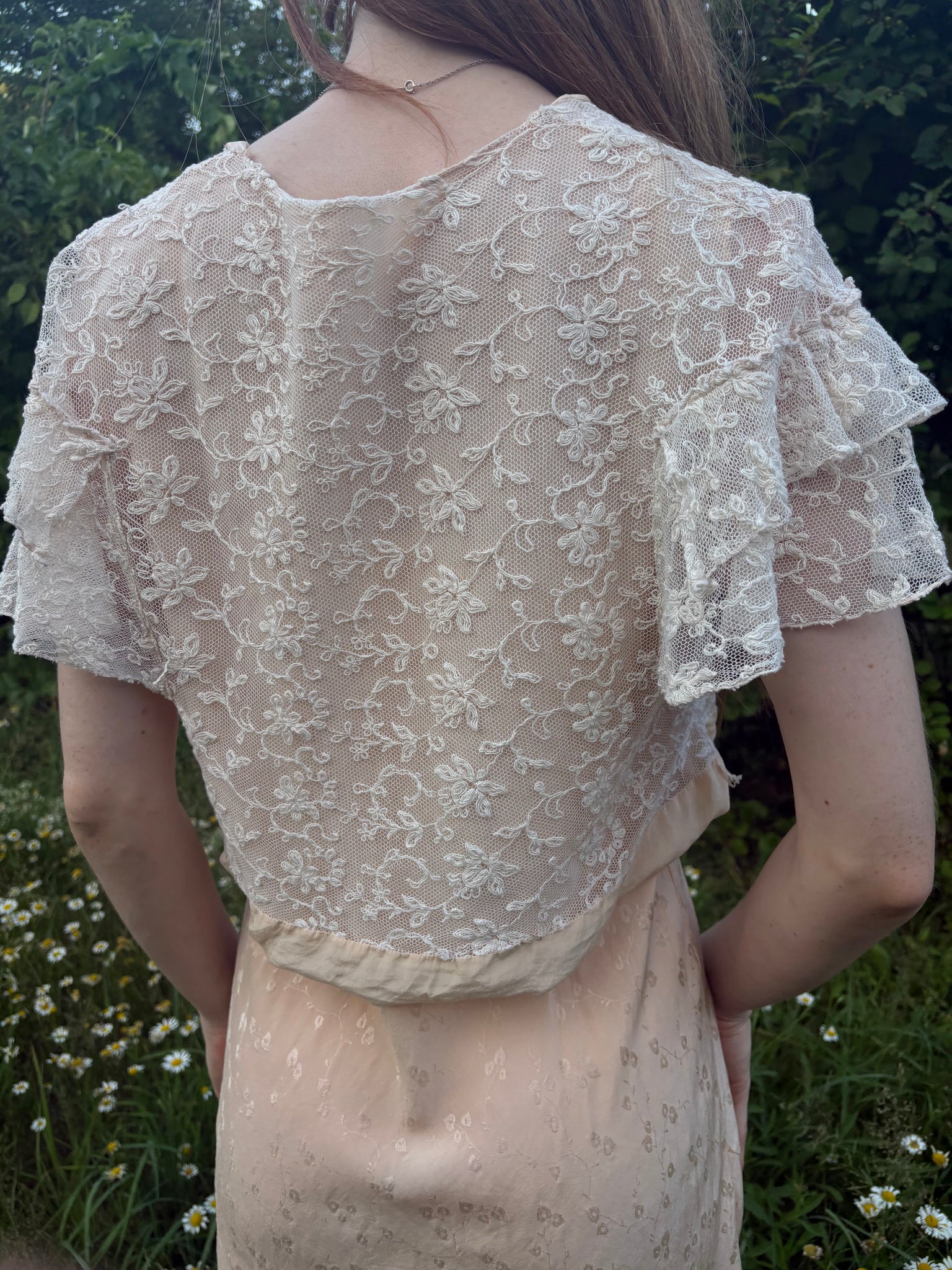 1930s Tambour Lace Bolero Leaf Embroidery Cream Peach Trim Ruffle Sleeve Tie Front Bed Jacket