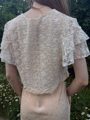 1930s Tambour Lace Bolero Leaf Embroidery Cream Peach Trim Ruffle Sleeve Tie Front Bed Jacket