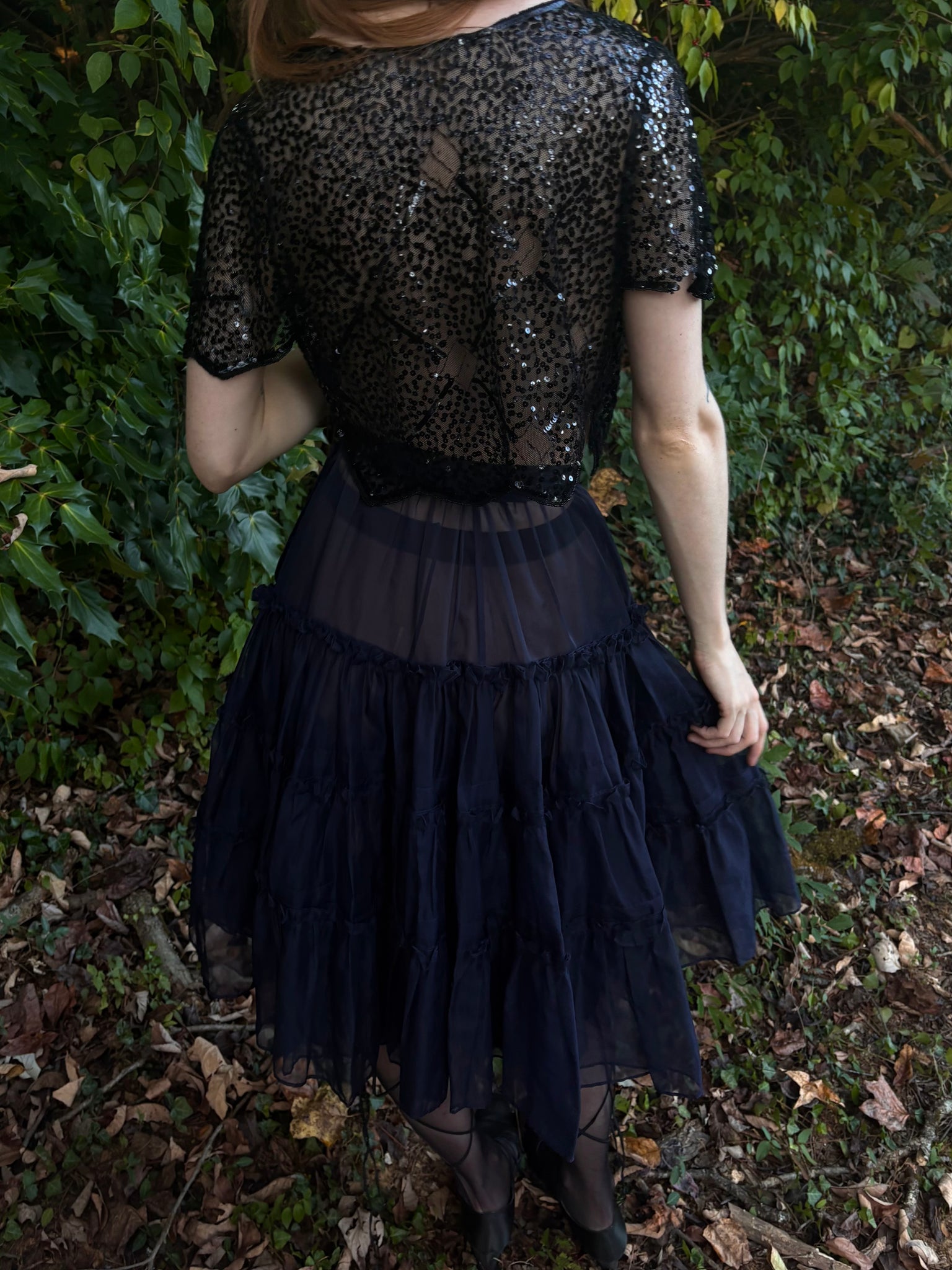 1930s Black Navy Sequin Sheer Mesh Blouse Bolero Short Sleeve