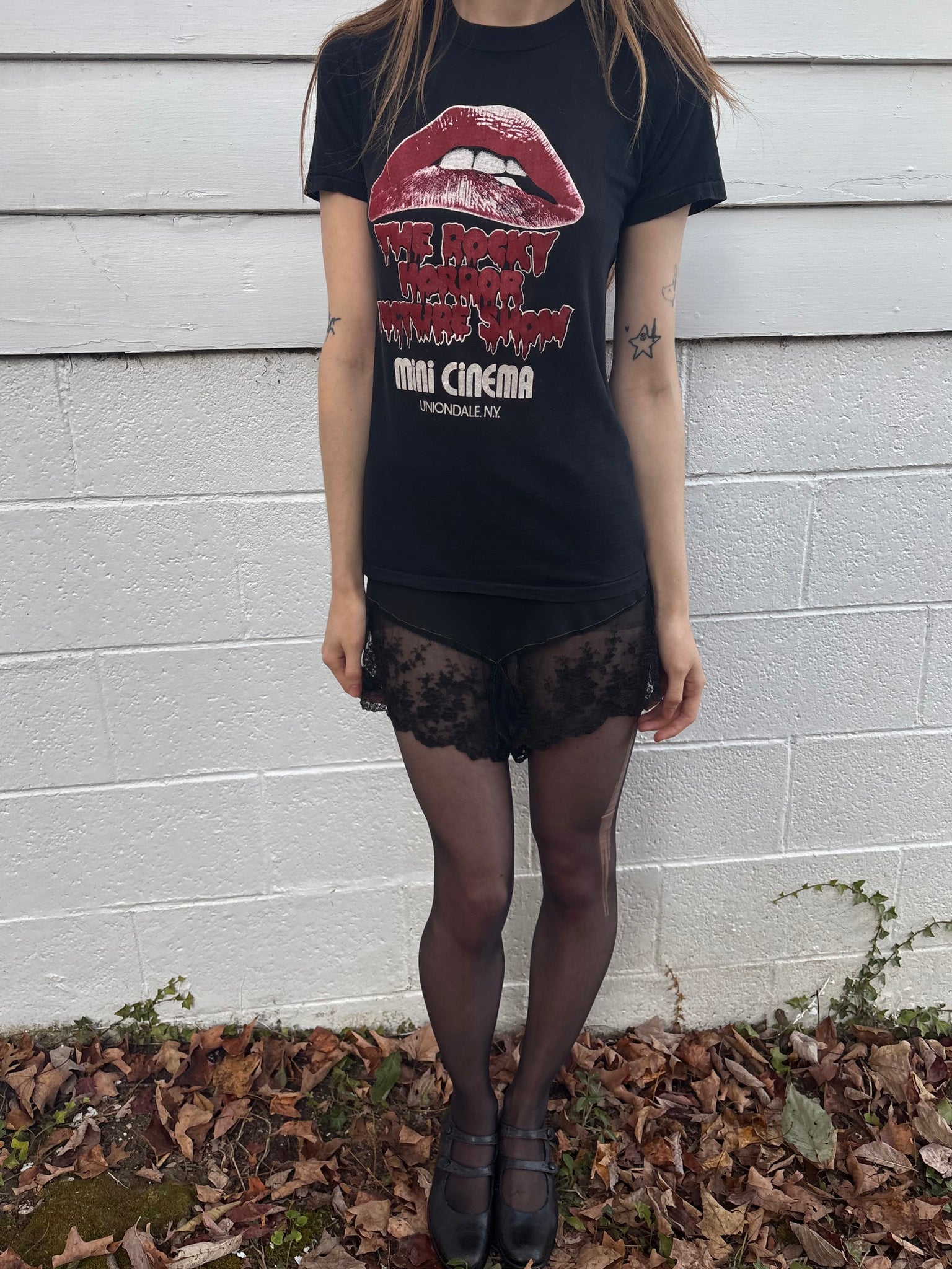 1980s Rocky Horror Red Lips Black Tee T Shirt Short Sleeve