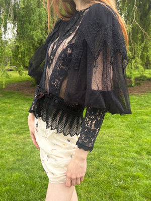 1970s Victorian Style Black Floral Mesh Net Lace Long Balloon Sleeve Blouse