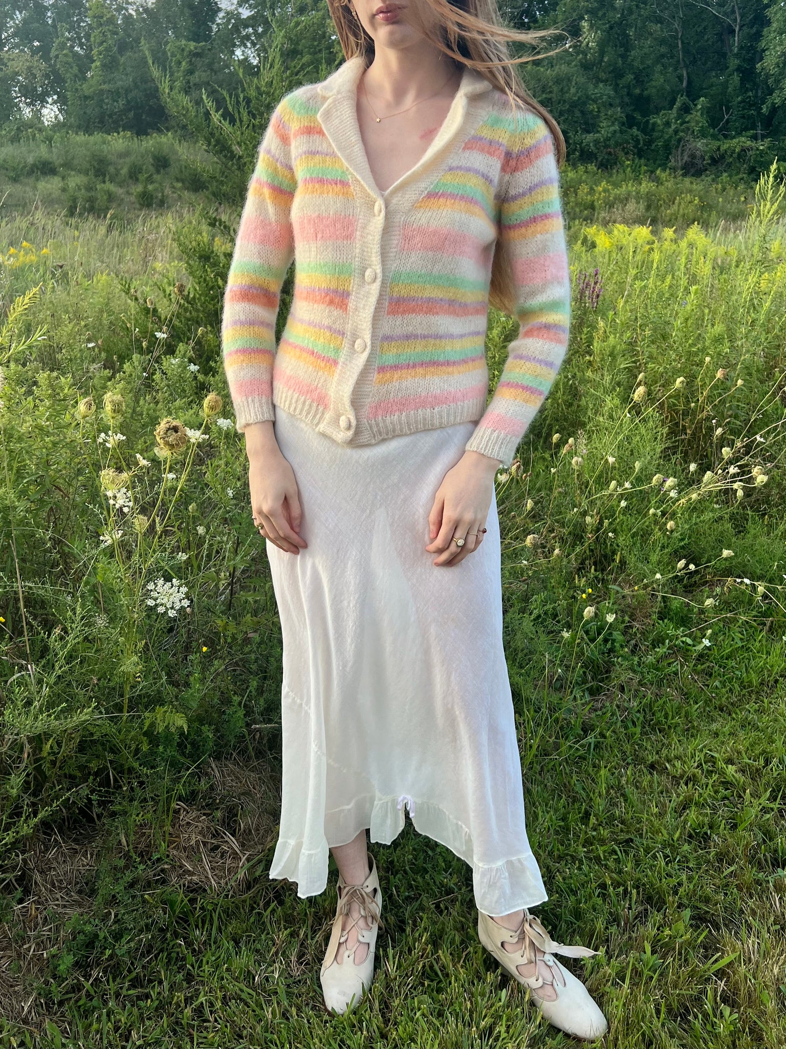 1960s Rainbow Pink Green Mohair Wool Knit Cardigan Sweater