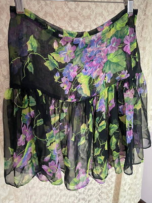 1980s Betsey Johnson Punk Label Black Purple Floral Skirt Ruffle