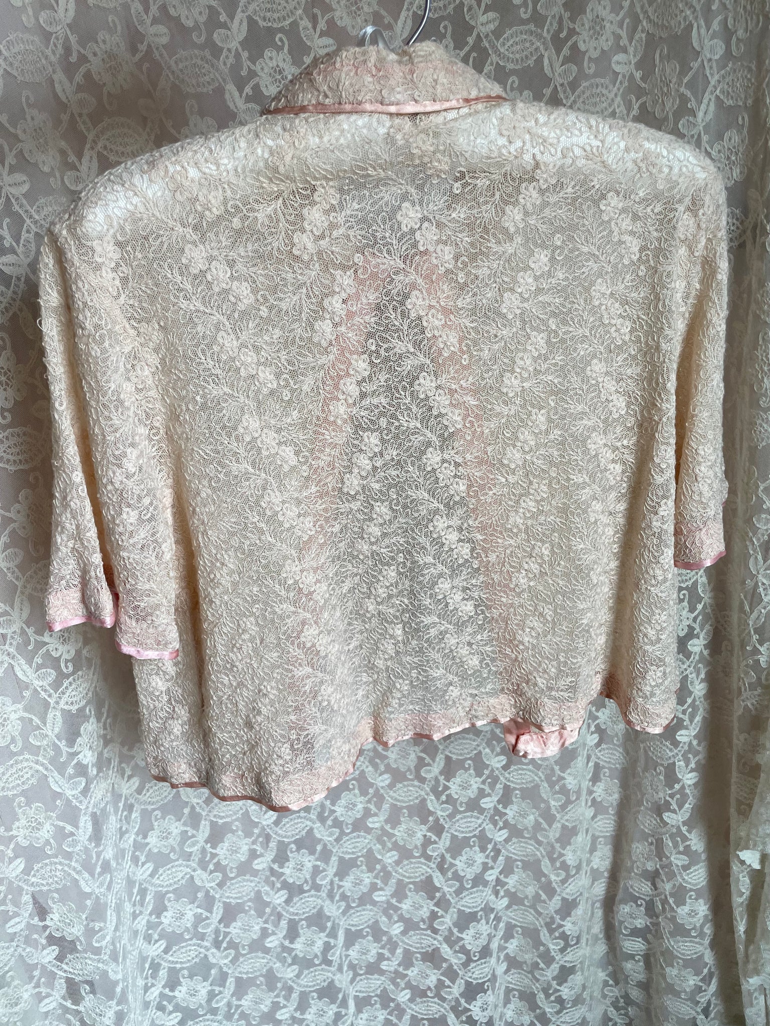 1930s Tambour Lace Bed Jacket Blouse Pink Ribbon Short Sleeve