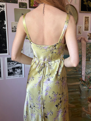 1990s Betsey Johnson Floral Print Bias Cut Dress Gown Light Green Lilac Purple Satin