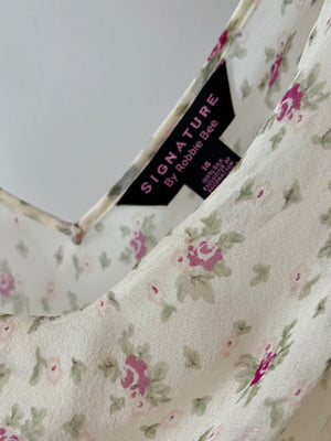 1990s Silk Chiffon Floral Cream Cowl Neck Bias Cut Slip Dress