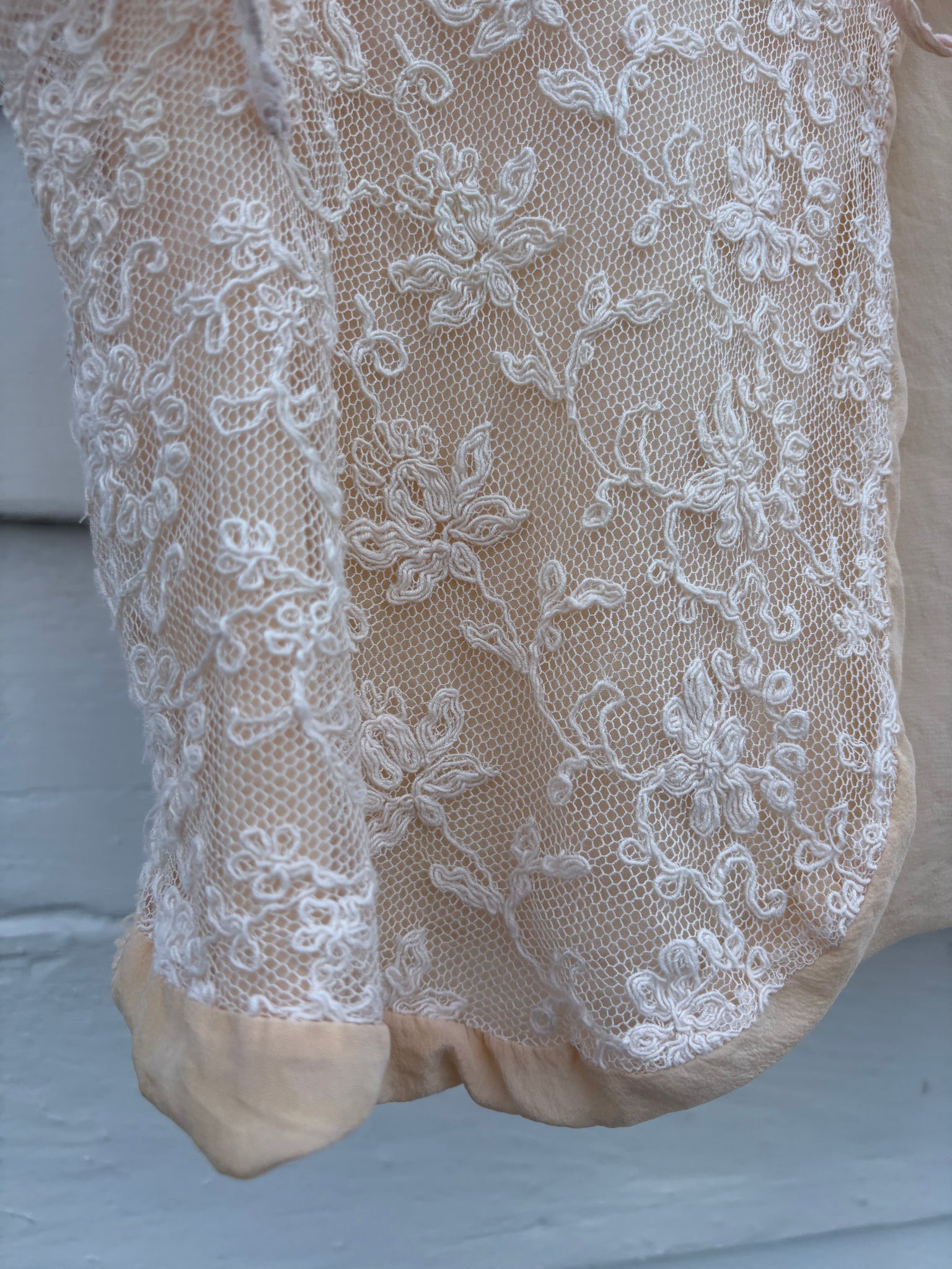 1930s Tambour Lace Bolero Leaf Embroidery Cream Peach Trim Ruffle Sleeve Tie Front Bed Jacket
