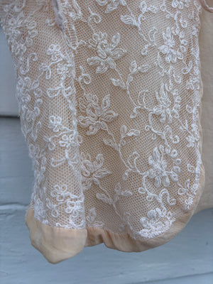 1930s Tambour Lace Bolero Leaf Embroidery Cream Peach Trim Ruffle Sleeve Tie Front Bed Jacket
