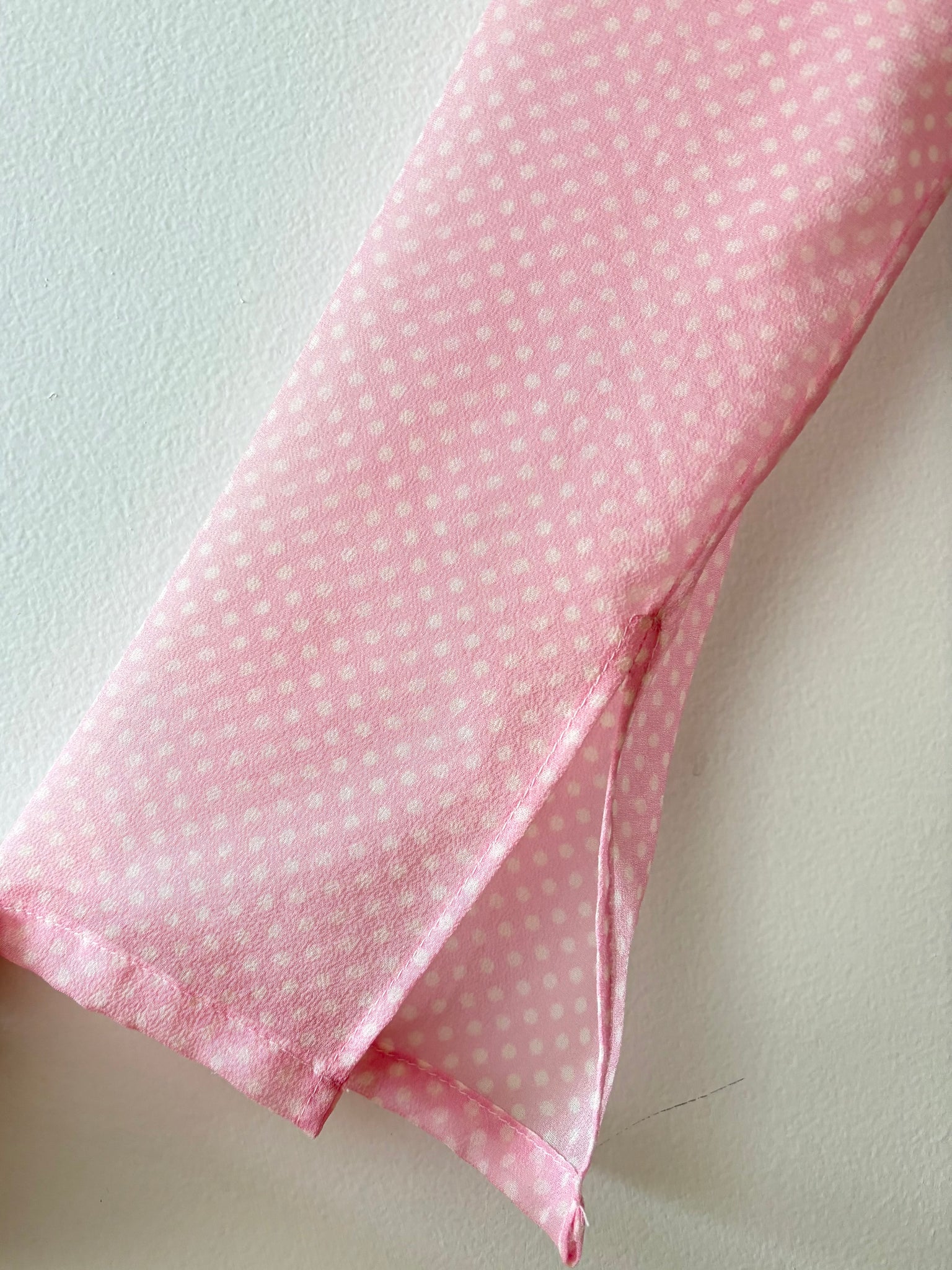 1990s Silk Chiffon Dot Print Button Up Blouse Pink White