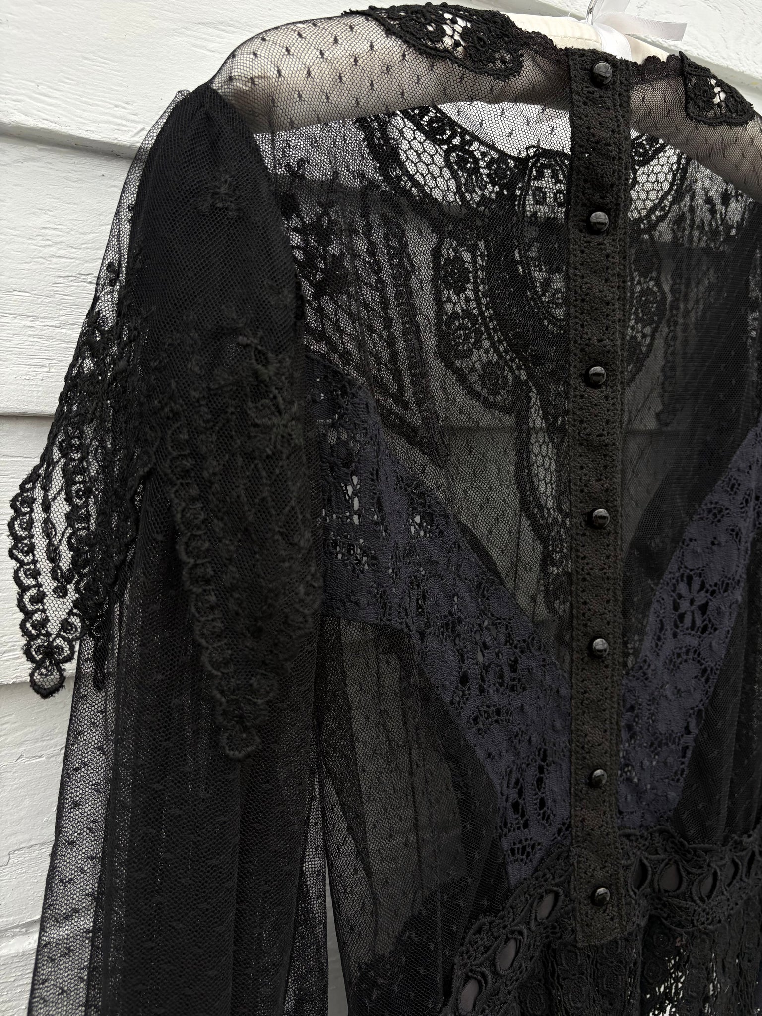 1970s Victorian Style Black Floral Mesh Net Lace Long Balloon Sleeve Blouse