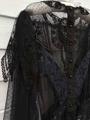 1970s Victorian Style Black Floral Mesh Net Lace Long Balloon Sleeve Blouse