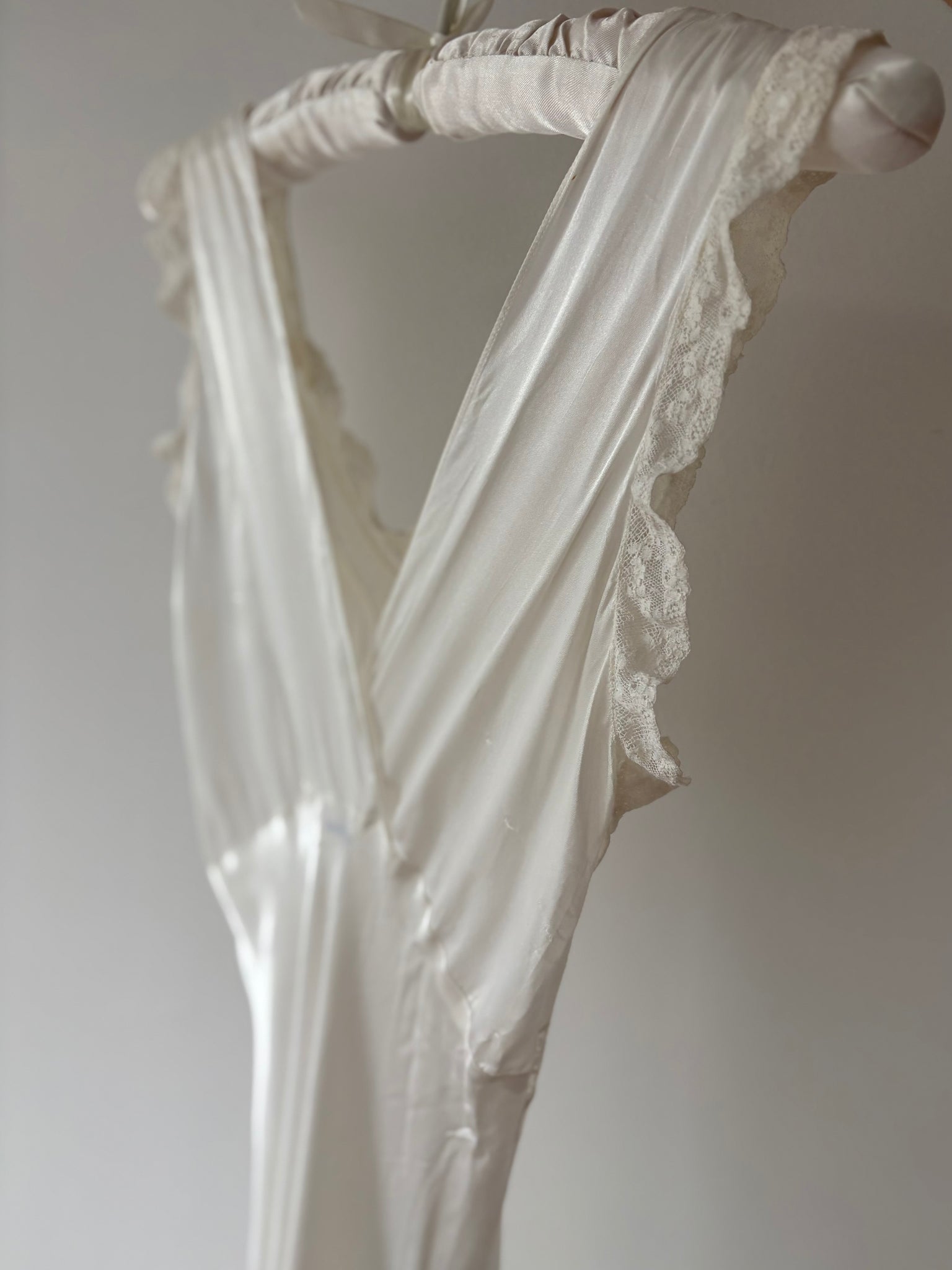 1940s Rayon Satin White Bias Cut Slip Dress Lace Wedding Gown