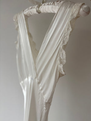 1940s Rayon Satin White Bias Cut Slip Dress Lace Wedding Gown