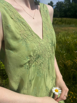 1930s Hand Dyed Green Floral Brocade Silk Slip Dress Embroidery I Magnin