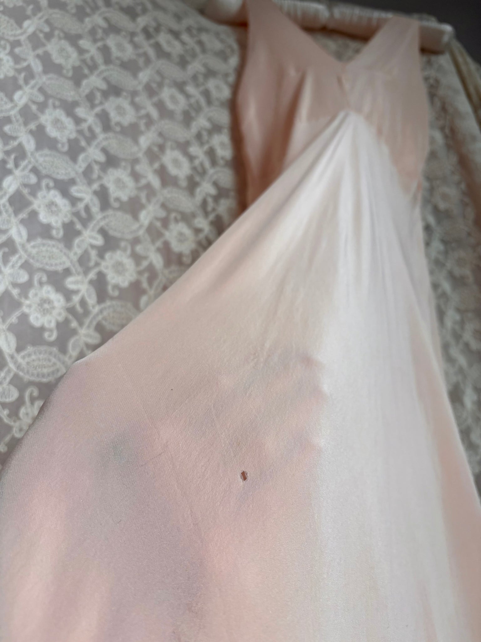 1940s Pink Silk Slip Dress Hand Sewn Floral Details