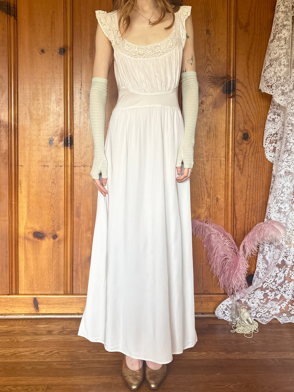 1940s Pale Pink White Lace Bias Cut Slip Dress