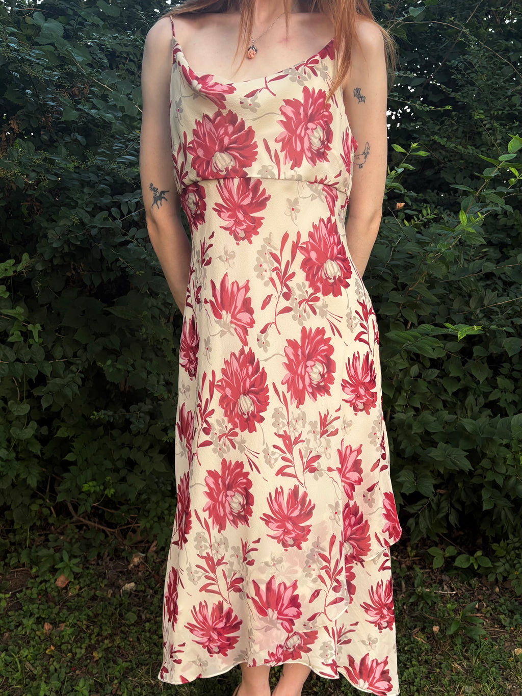 1990s Silk Floral Cream Cowl Neck Dress