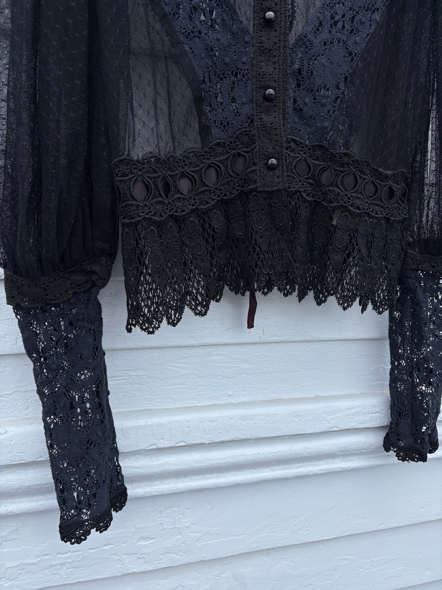 1970s Victorian Style Black Floral Mesh Net Lace Long Balloon Sleeve Blouse
