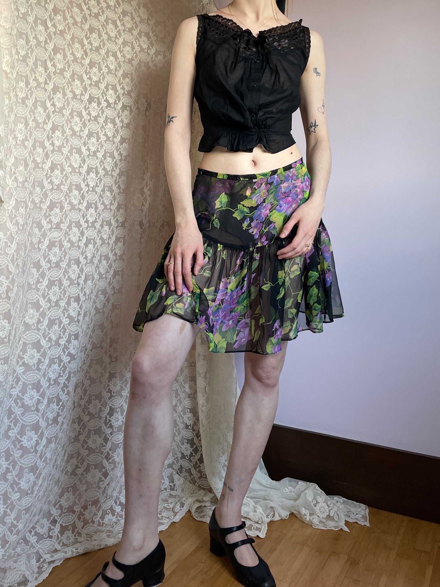 1980s Betsey Johnson Punk Label Black Purple Floral Skirt Ruffle