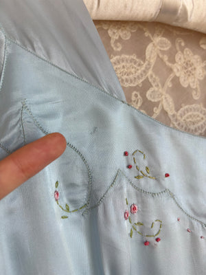 1940s Blue Rayon Bias Cut Slip Dress Floral Embroidered Cap Sleeves