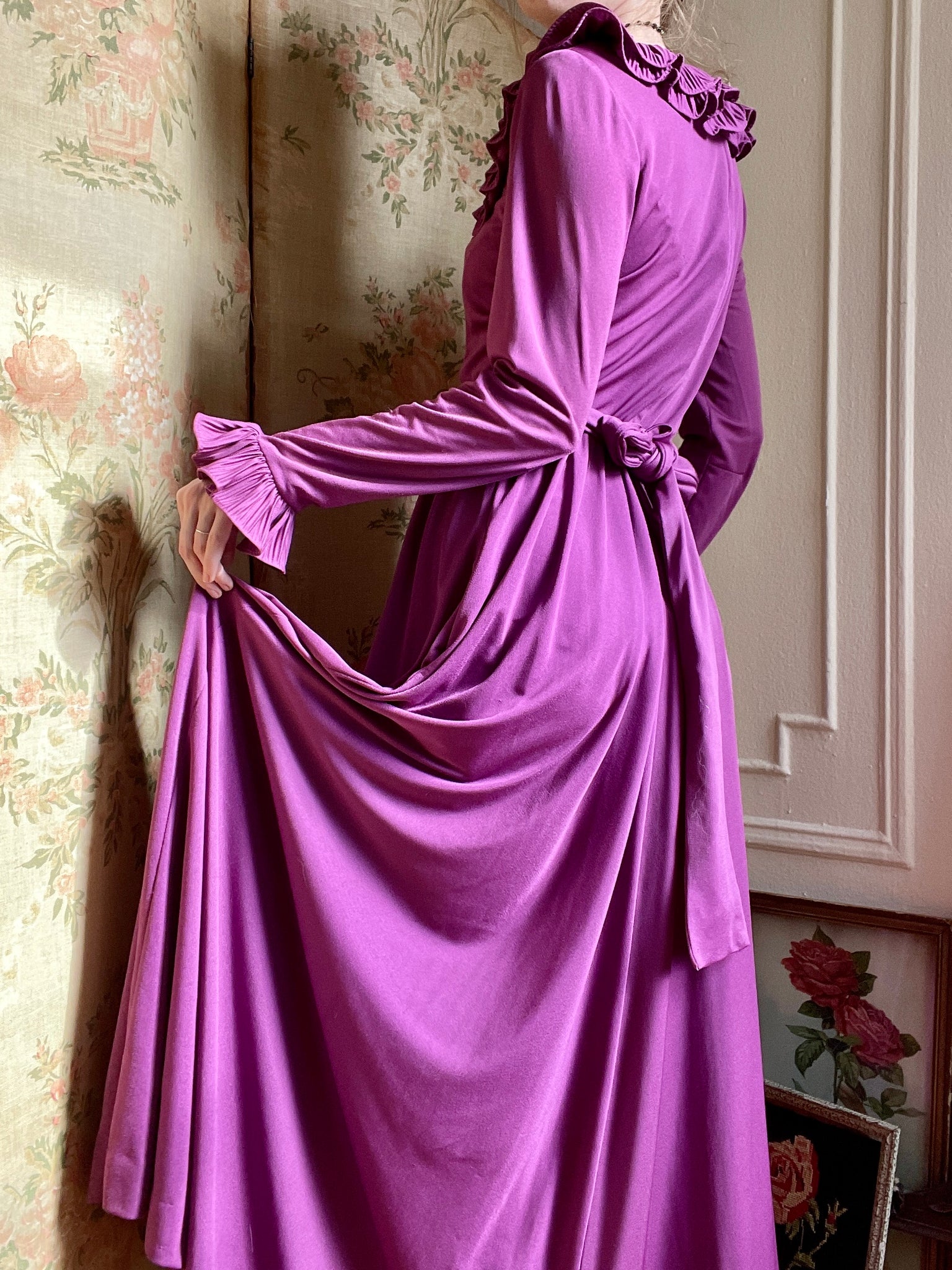 1970s Purple Victor Costa Ruffle Drape Long Sleeve Maxi Dress
