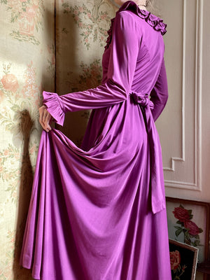 1970s Purple Victor Costa Ruffle Drape Long Sleeve Maxi Dress