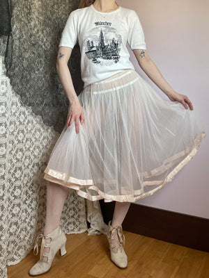 1950s White Mesh Net Crinoline Skirt Pink Ribbon Trim